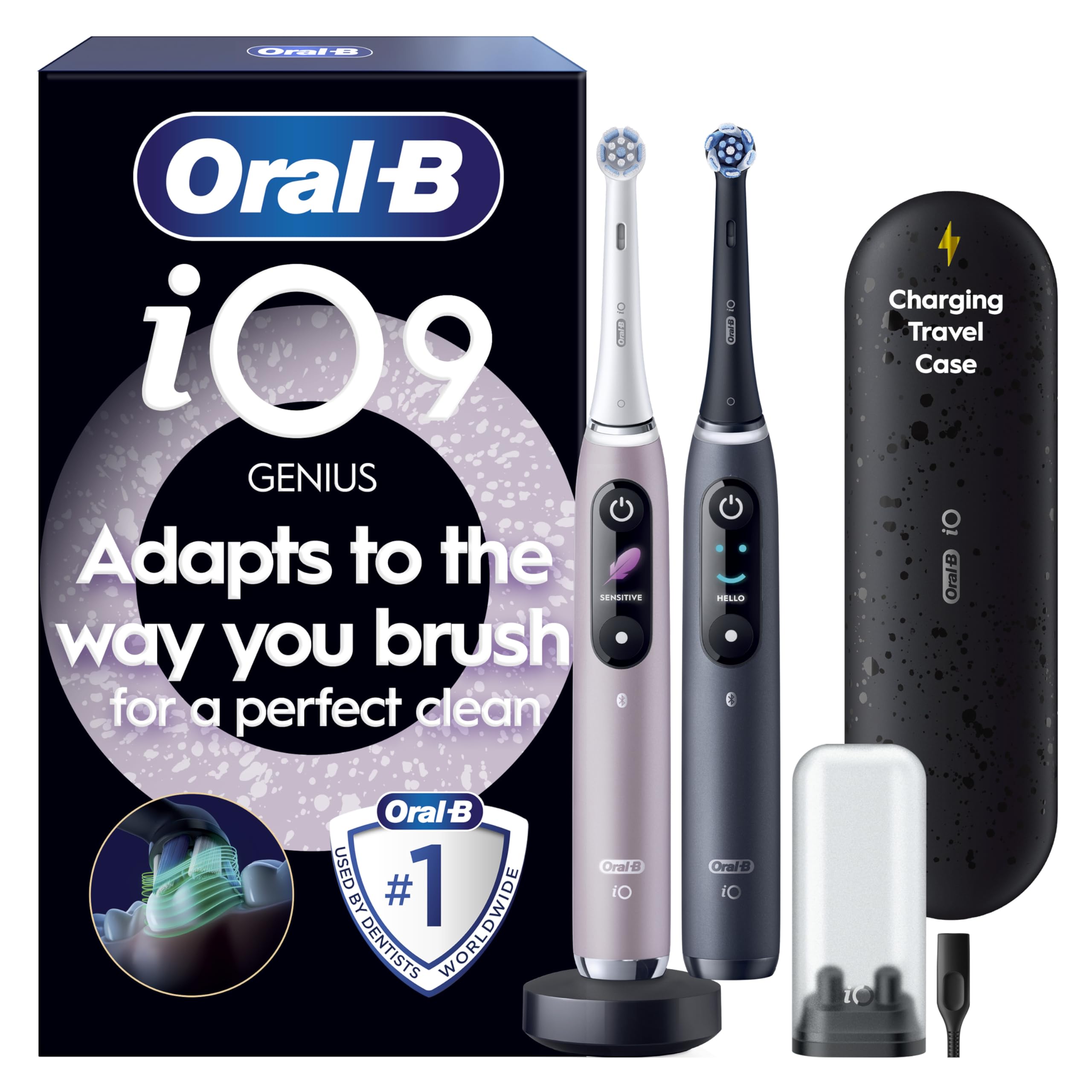 Oral-B iO9 2x Electric Toothbrushes For Adults, Oral B Electric Toothbrushes, Gifts For Women / Men, 2 Toothbrush Heads and Charging Travel Case, 7 Modes with Teeth Whitening, 2 Pin Plug, Black