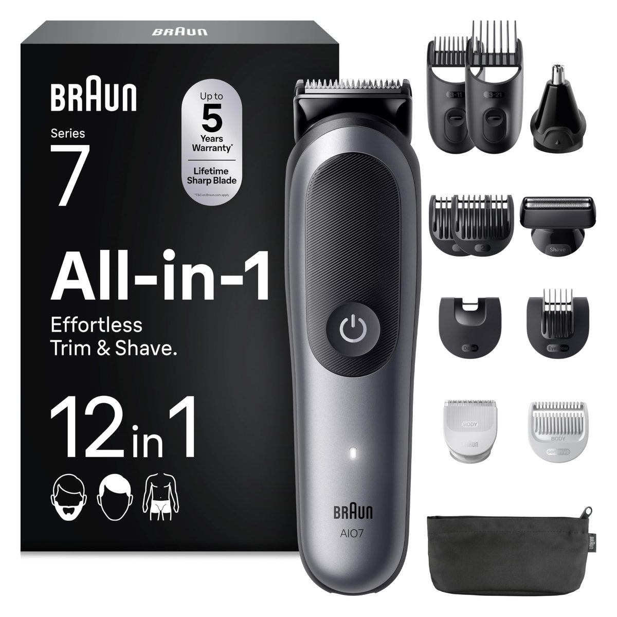 Braun Series 7 All-in-One Grooming Kit for Men, 12-Piece, AIO7545, Grey